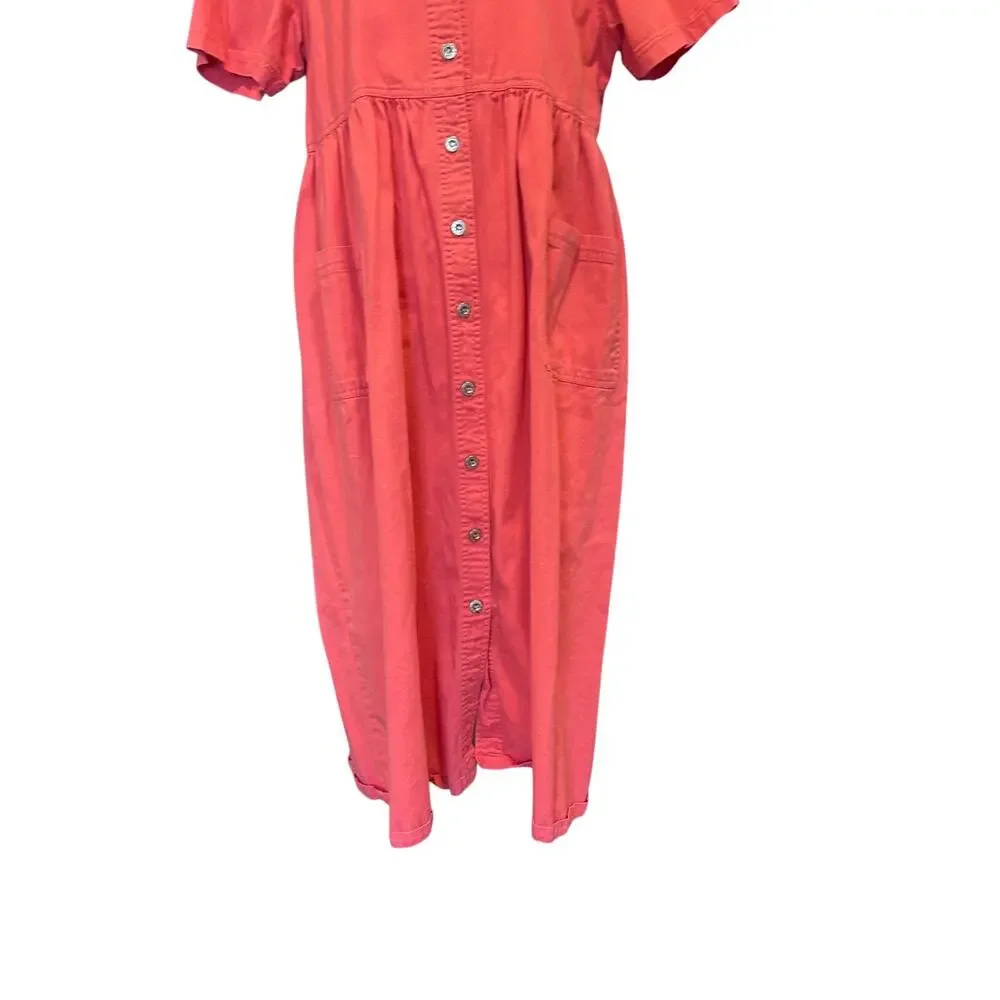 Vintage 90s Coral Cotton Button-Front Empire Waist Midi Dress Cottagecore XL